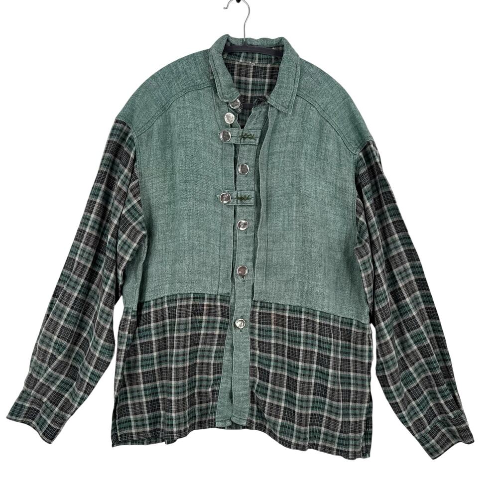Lagenlook Button‎ Down Shirt Womens 2XL Mens XL Green Unisex Hippie Hobbitcore